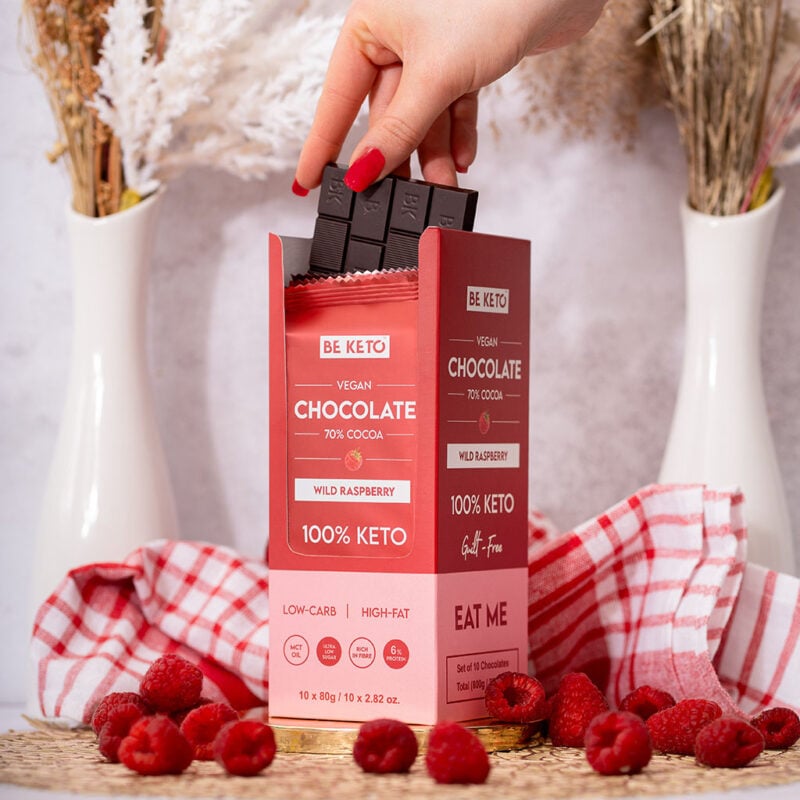 Vegane Keto Schokolade + MCT-Öl - Wilde Himbeere 80g Vegane Keto Schokolade + MCT-Öl - Wilde Himbeere 80g