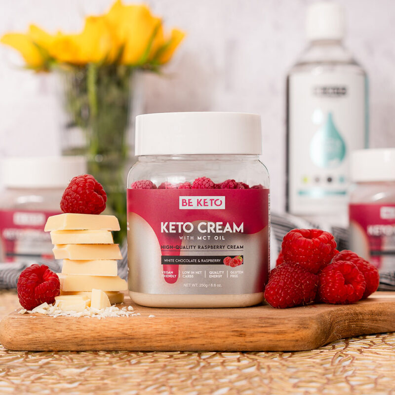 Keto Creme – Weiße Schokolade & Himbeere 250g Keto Creme – Weiße Schokolade & Himbeere 250g