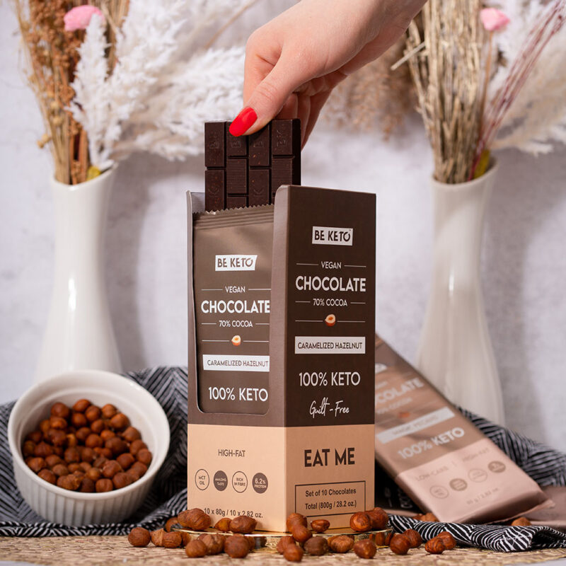Vegane Keto Schokolade + MCT-Öl - Karamellisierte Haselnuss 80g
