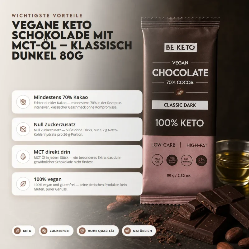 Vegane Keto Schokolade + MCT-Öl – Klassisch Dunkel 80g – Benefit Vegane Keto Schokolade + MCT-Öl – Klassisch Dunkel 80g