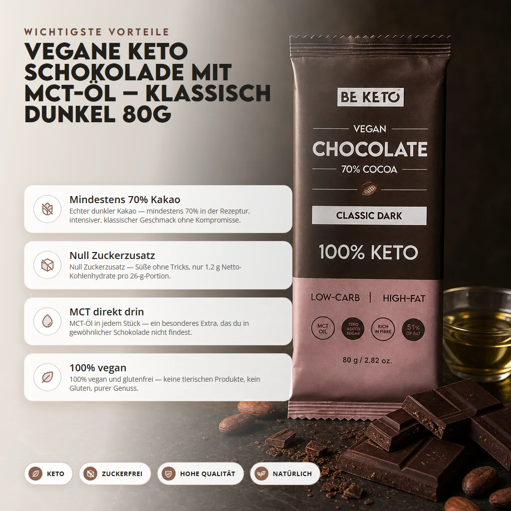 Vegane Keto Schokolade + MCT-Öl – Klassisch Dunkel 80g