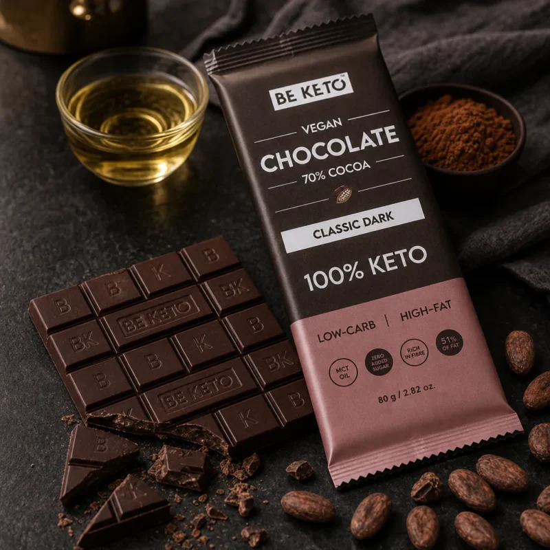 Vegane Keto Schokolade + MCT-Öl – Klassisch Dunkel 80g – Lifestyle 1 Vegane Keto Schokolade + MCT-Öl – Klassisch Dunkel 80g