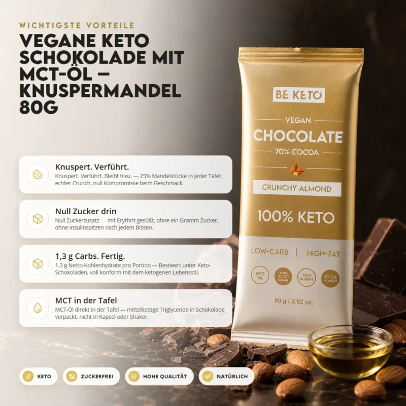 Vegane Keto Schokolade + MCT-Öl – Knusprige Mandel 80g