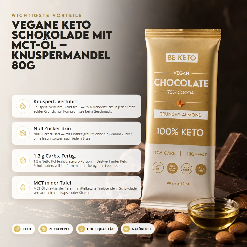 Vegane Keto Schokolade + MCT-Öl – Knusprige Mandel 80g