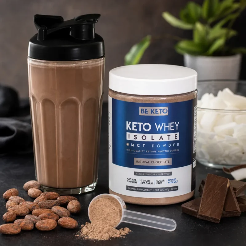 Keto Whey Isolat + MCT – Natürliche Schokolade 300g – Lifestyle 1 Keto Whey Isolat + MCT – Natürliche Schokolade 300g