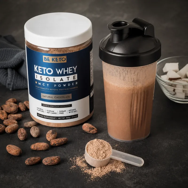 Keto Whey Isolat + MCT – Natürliche Schokolade 300g – Lifestyle 2 Keto Whey Isolat + MCT – Natürliche Schokolade 300g