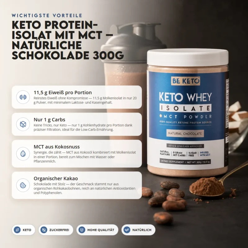 Keto Whey Isolat + MCT – Natürliche Schokolade 300g – Benefit Keto Whey Isolat + MCT – Natürliche Schokolade 300g