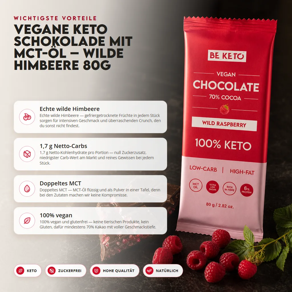 Vegane Keto Schokolade + MCT-Öl – Wilde Himbeere 80g