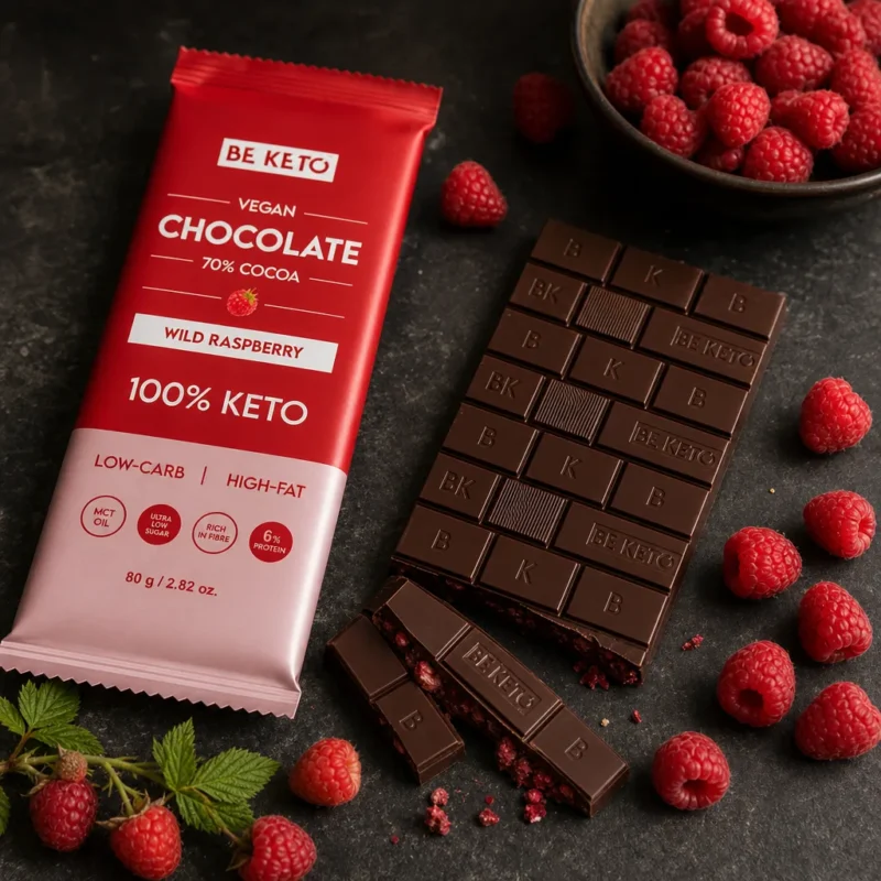 Vegane Keto Schokolade + MCT-Öl – Wilde Himbeere 80g – Lifestyle 1 Vegane Keto Schokolade + MCT-Öl – Wilde Himbeere 80g