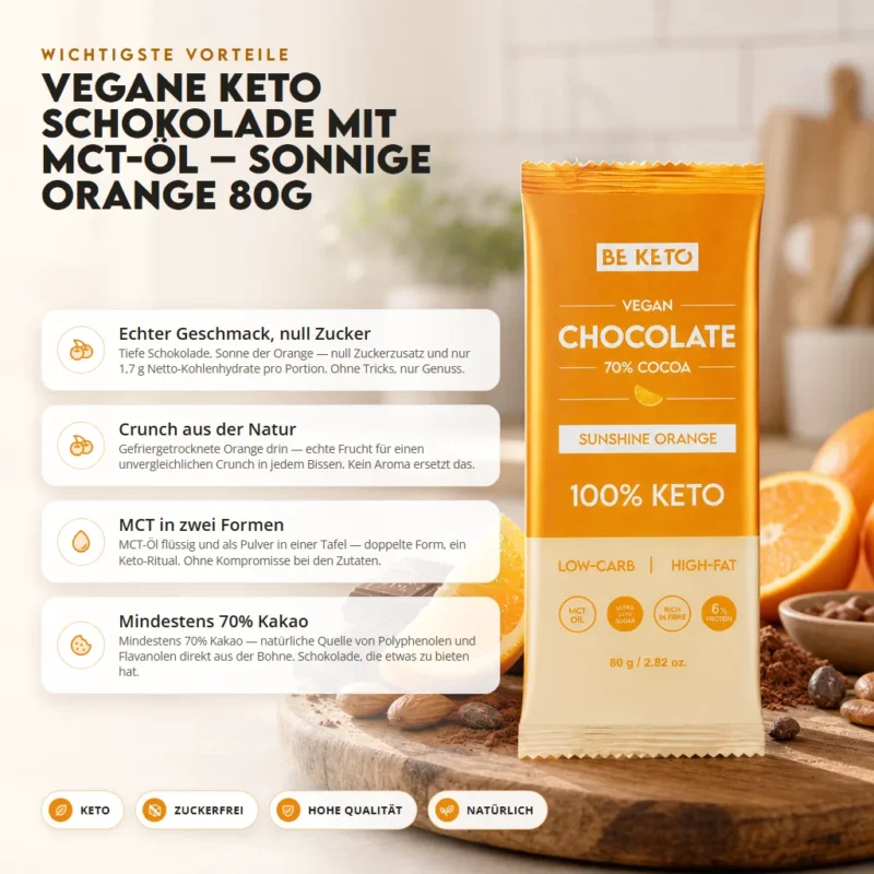 Vegane Keto Schokolade + MCT-Öl – Sonnenschein Orange 80g