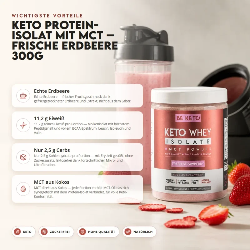 Keto Whey Isolat + MCT – Frische Erdbeere 300g