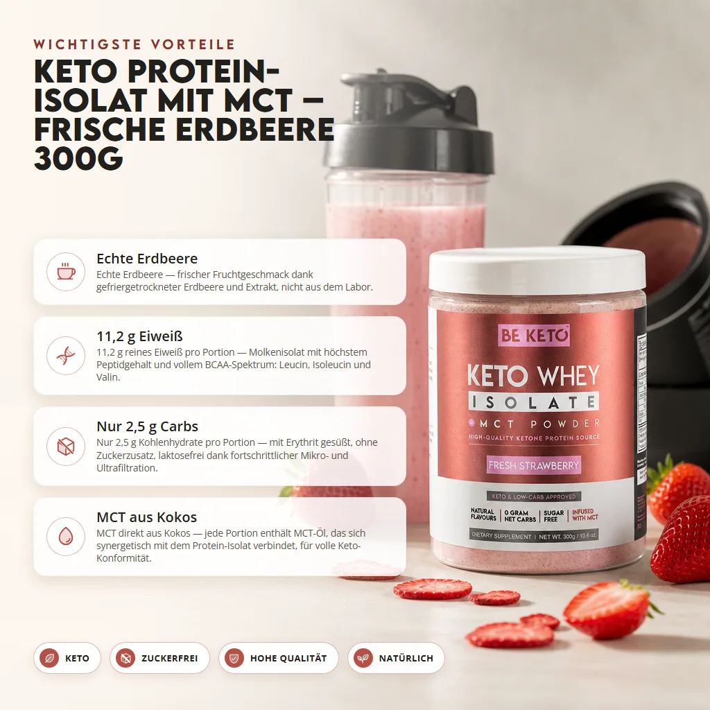Keto Whey Isolat + MCT – Frische Erdbeere 300g