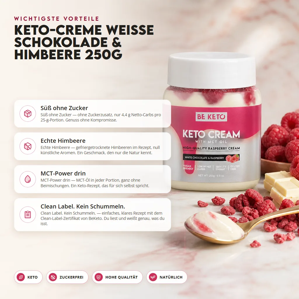 Keto Creme – Weiße Schokolade & Himbeere 250g