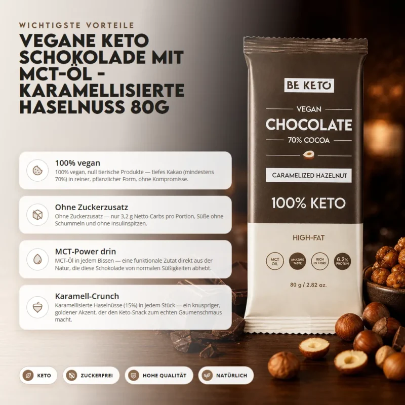 Vegane Keto Schokolade + MCT-Öl – Karamellisierte Haselnuss 80g