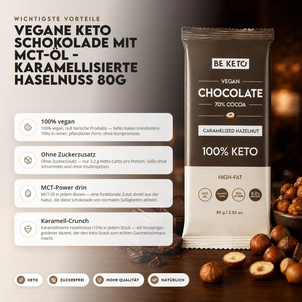 Vegane Keto Schokolade + MCT-Öl – Karamellisierte Haselnuss 80g