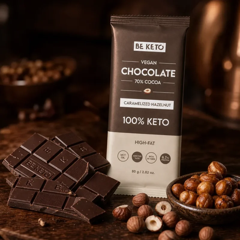 Vegane Keto Schokolade + MCT-Öl – Karamellisierte Haselnuss 80g
