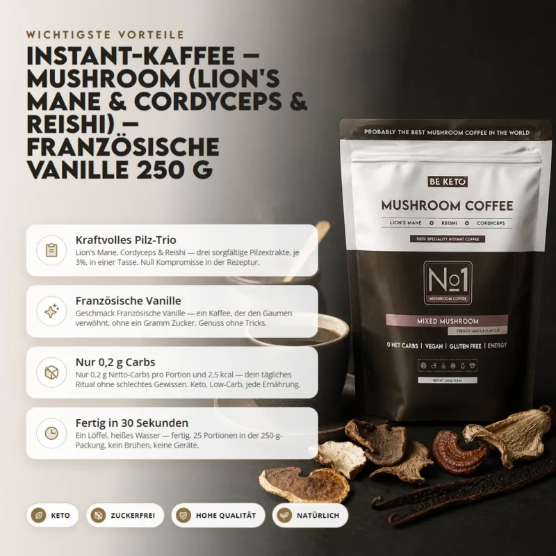 Instant Kaffee – Mushroom (Lion’s Mane & Cordyceps & Reishi) – Französische Vanille 250g