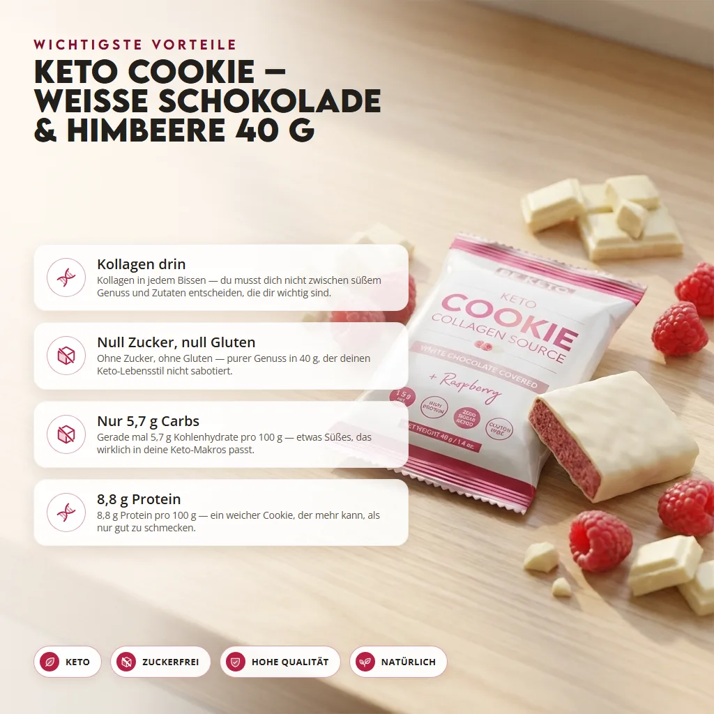 Keto Kekse – Weiße Schokolade & Himbeere 40g