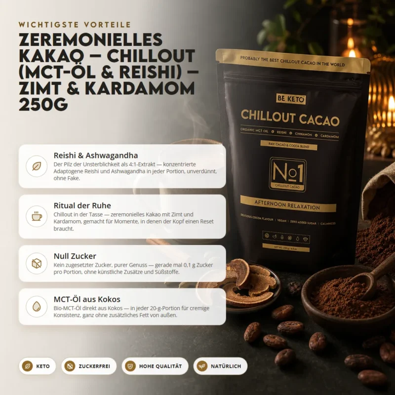 Zeremonieller Kakao – Chillout (MCT-Öl & Reishi) – Zimt & Kardamom 250g – Benefit Zeremonieller Kakao – Chillout (MCT-Öl & Reishi) – Zimt & Kardamom 250g