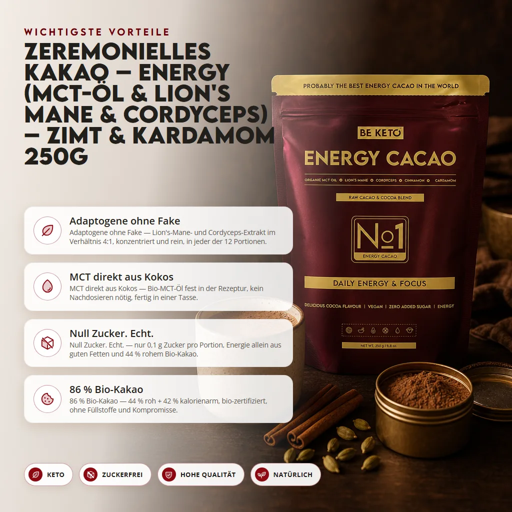 Zeremonieller Kakao – Energy (MCT-Öl & Lion’s Mane & Cordyceps) – Zimt & Kardamom 250g