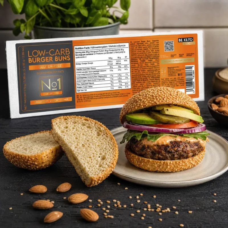 Keto Burger Brötchen 2x85g – Lifestyle 1 Keto Burger Brötchen 2x85g