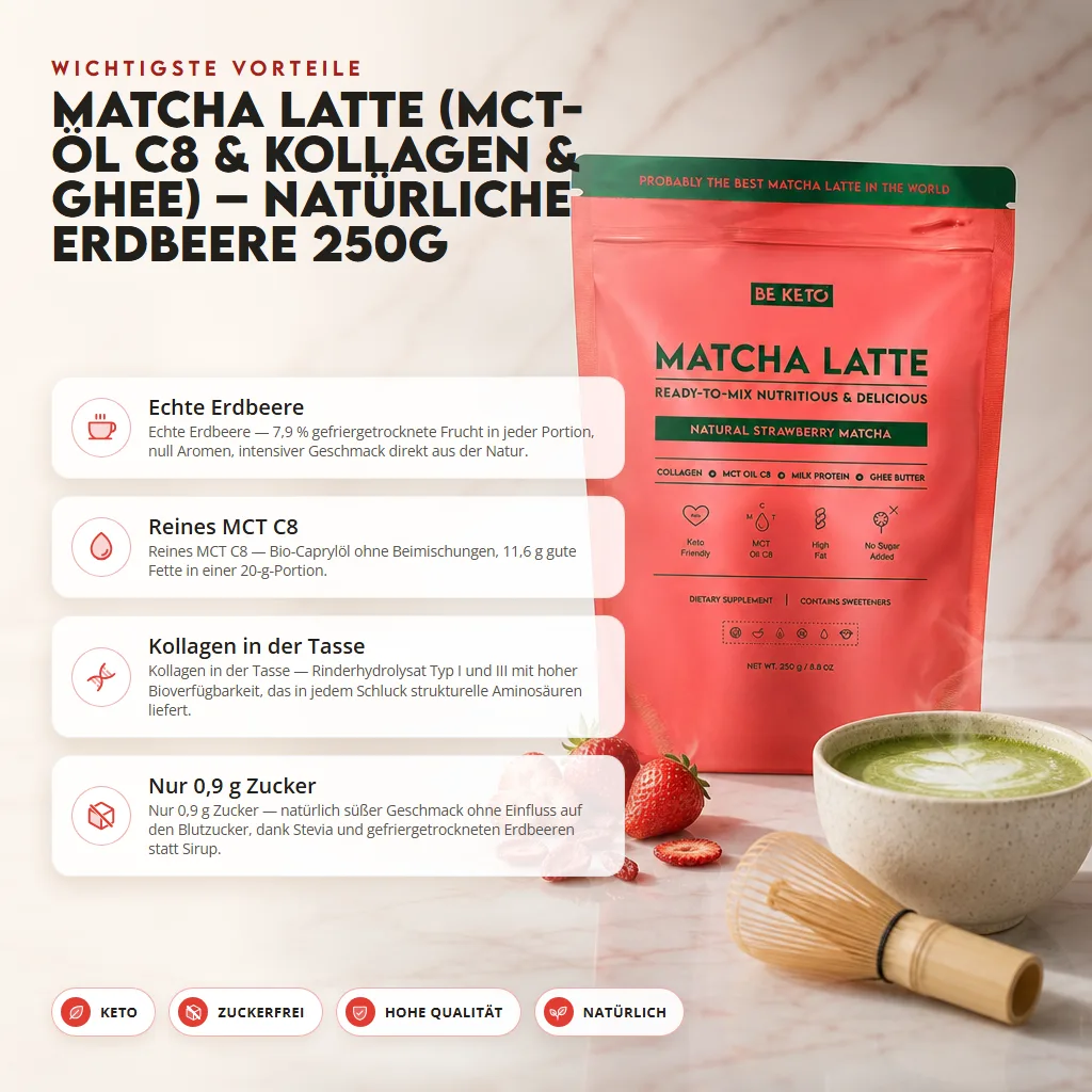 Matcha Latte (MCT C8 Öl & Kollagen & Ghee) – Natürliche Erdbeere 250g